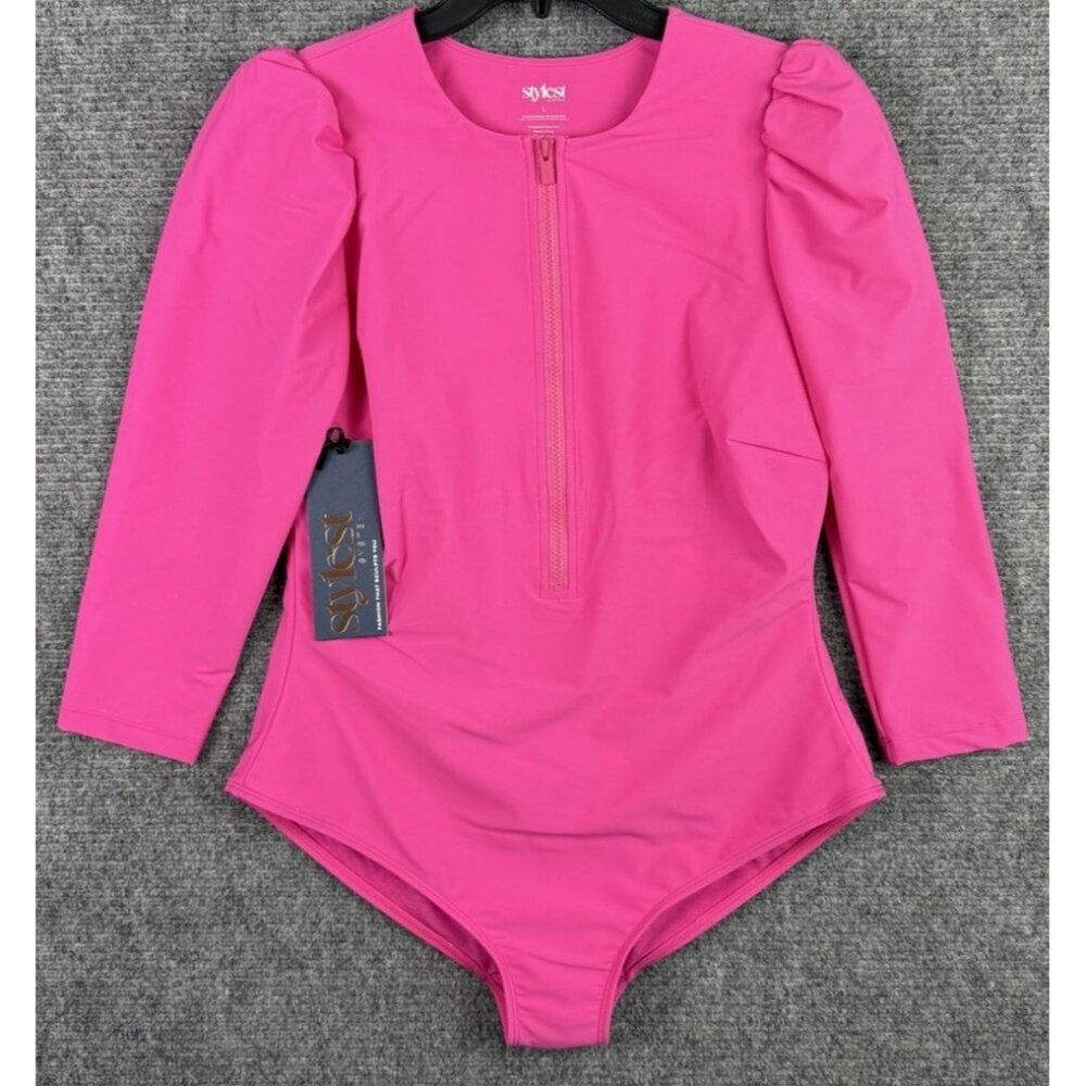 Stylest System Size Large Ultra Pink DREAM SCULPT PUFF SLEEVE ZIP Swim Suit NWT